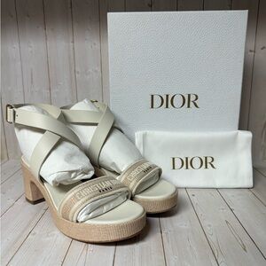 Christian Dior Raffia Embroidered Dway Platform Sandals Off White Sz 40 / 10